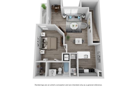 A 3D floor plan of a house with a kitchen, living room, and bathroom.